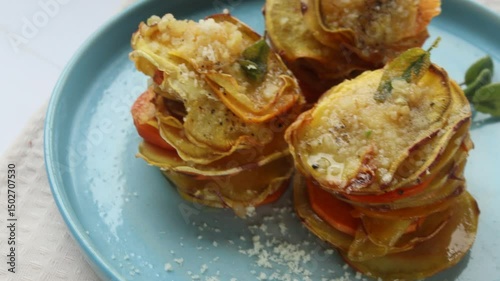 sweet potato slices baked with cheese delicious close-up