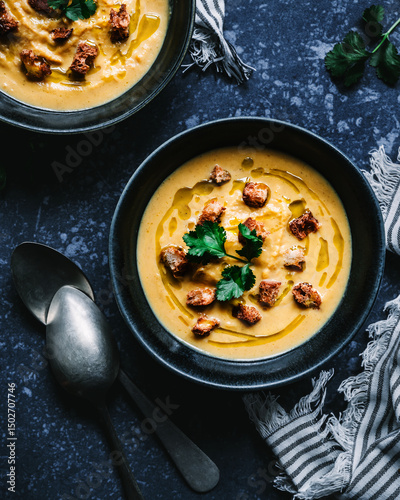 Delicious creamy soup with croutons and parsley garnish photo