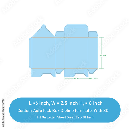 Auto lock Visuabale Box Dieline template, With 3D