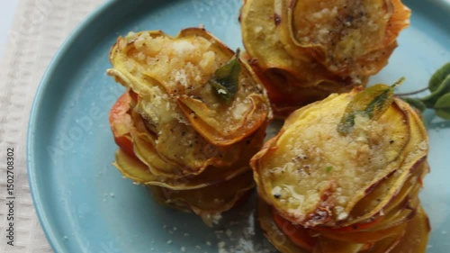 sweet potato slices baked with cheese delicious close-up