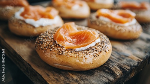 Gourmet Smoked Salmon Bagels on Rustic Wood