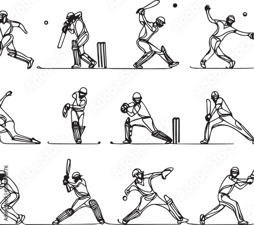 Cricket One Line Drawing Set – Minimalist Continuous Line Art of Cricket Actions