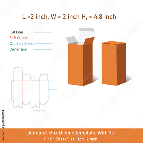 Custom syrup autolock box dieline template and 3D, vector file