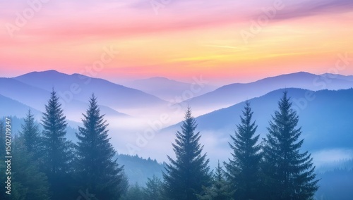 Misty mountain sunrise, silhouettes of trees