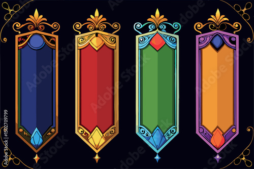 Stunning design of brightly colored banners with elaborate golden borders and gem accents, perfect for luxurious and artistic projects