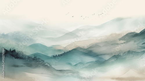 soft watercolor background in muted beige and teal blue tones, subtle vertical ink wash textures, gentle abstract hills and layered gradients, minimalist traditional Japanese painting style