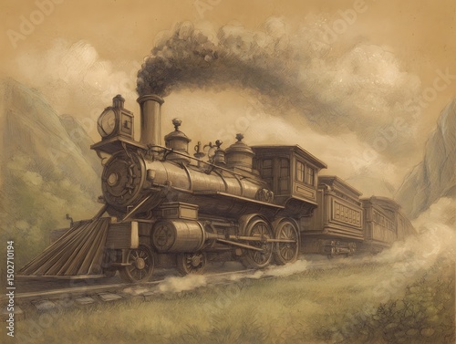 Vintage steam train locomotive racing through the countryside