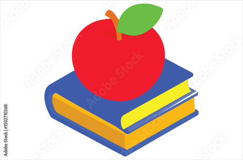 Red apple character on pile of books, apple cartoon, apple vector, silhouette, vector art, illustration