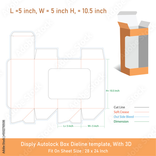 Display auto lock box dieline template and 3D, vector file