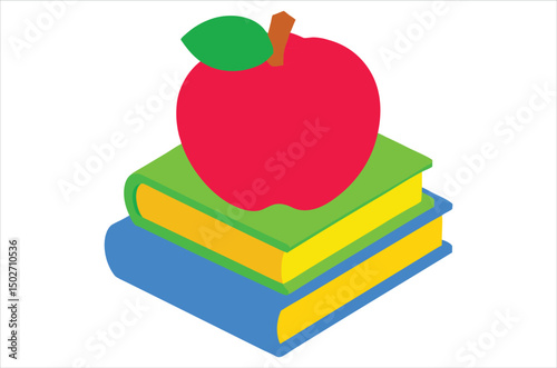 Red apple character on pile of books, apple cartoon, apple vector, silhouette, vector art, illustration