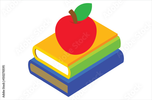 Red apple character on pile of books, apple cartoon, apple vector, silhouette, vector art, illustration