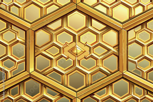 Modern artistic representation of geometric honeycomb shapes in gold with a smooth metallic finish, highlighting the sharp edges and shadows