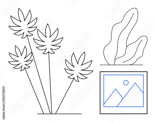 Simplistic botanical leaves and abstract frame of mountains and sun. Ideal for web design, nature content, ecological themes, d cor, invitation, wellness branding, posters, simple landing page