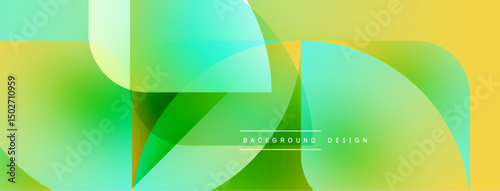 Abstract design features overlapping translucent shapes. Colors blendgreens, yellows, turquoise. Modern aesthetic, smooth gradients create visual interest.