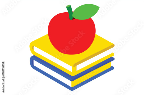 Red apple character on pile of books, apple cartoon, apple vector, silhouette, vector art, illustration