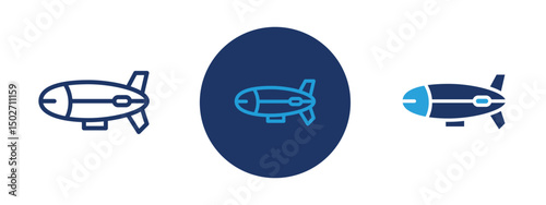 Set of colored pixel perfect Airship icon with 1 unexpanded, 1 silhouette, Airship icon representing a dirigible or blimp used for travel or advertising.
