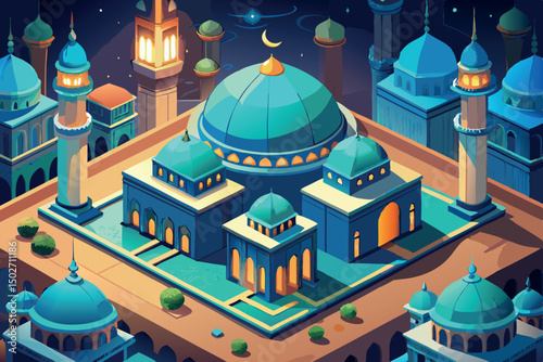 A detailed digital artwork of a grand mosque at night with a glowing golden dome and intricate architecture, set in an enchanting cityscape