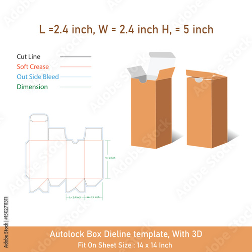Syrup autolock box dieline template and 3D, vector file