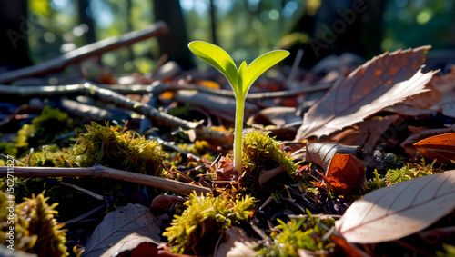 Fresh green sprout emerging through forest floor covered in moss, fallen leaves, and twigs, illuminated by soft patches of sunlight. Symbol of renewal, growth, and nature’s resilience.
