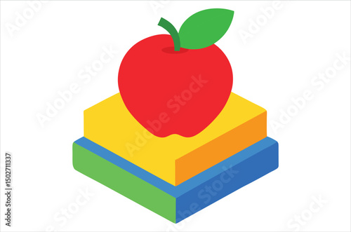 Red apple character on pile of books, apple cartoon, apple vector, silhouette, vector art, illustration