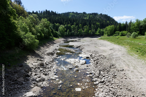 Dried Riverbed Surrounded by Forested Slopes in a Sunny Landscape
