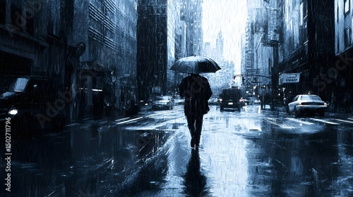 Digital illustration depicts a lone figure under an umbrella walking down a rain-slicked city street.