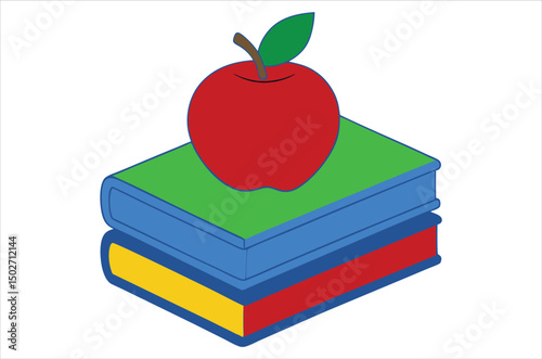 Red apple character on pile of books, apple cartoon, apple vector, silhouette, vector art, illustration