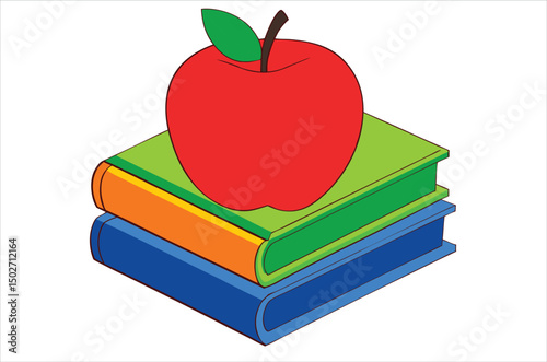 Red apple character on pile of books, apple cartoon, apple vector, silhouette, vector art, illustration