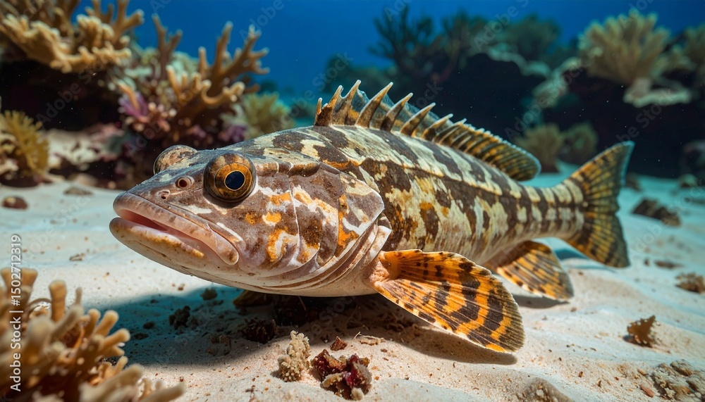 Naklejka premium Close-up of a vibrantly patterned grouper fish lying on sandy ocean floor surrounded by coral reefs in clear tropical waters.