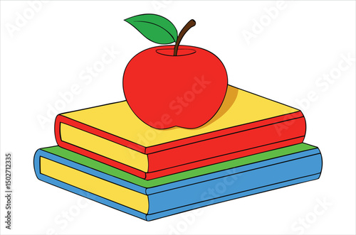 Red apple character on pile of books, apple cartoon, apple vector, silhouette, vector art, illustration
