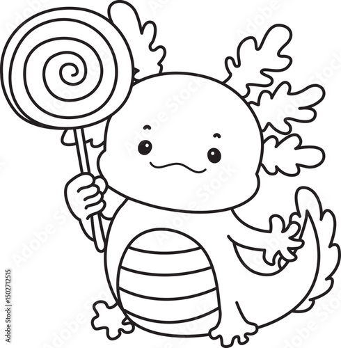 Outline of Illustration of cute axolotl activities icon.
Lineart of Funny pink axolotl in daily routine stickers.
