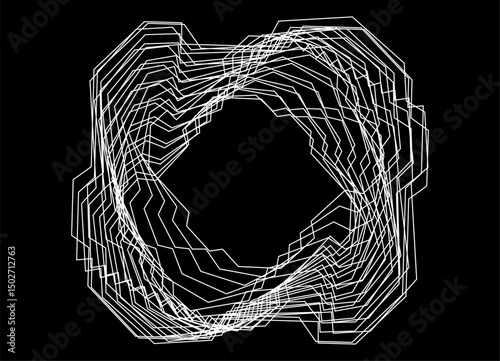 Vector pattern of thin white broken lines on a black background. Modern swirling design element, for backgrounds, presentations, posters. Modern background with space for text. Frame, grid. Light
