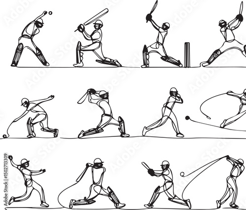 Cricket One Line Drawing Set – Minimalist Continuous Line Art of Cricket Actions