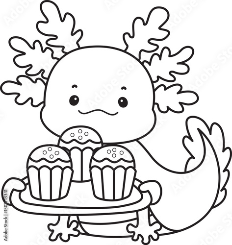 Outline of Illustration of cute axolotl activities icon.
Lineart of Funny pink axolotl in daily routine stickers.
