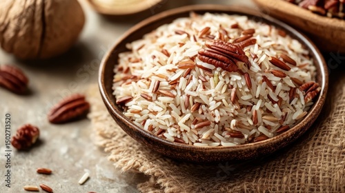 Mixed rice and pecans in bowl photo