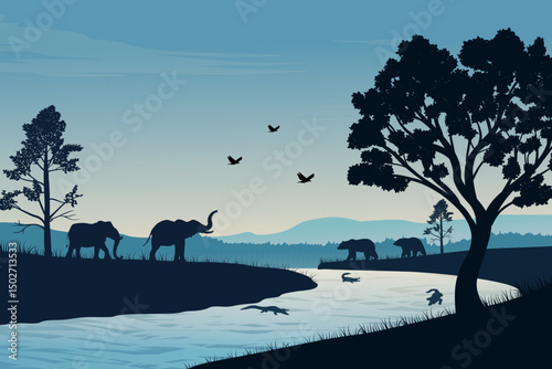 Silhouetted Wildlife Scene at Dusk Featuring Elephants Standing by the River, Bears Walking Across the River, Flying Birds, Crocodiles in Water And a Serene Forest Landscape Surrounded by Trees