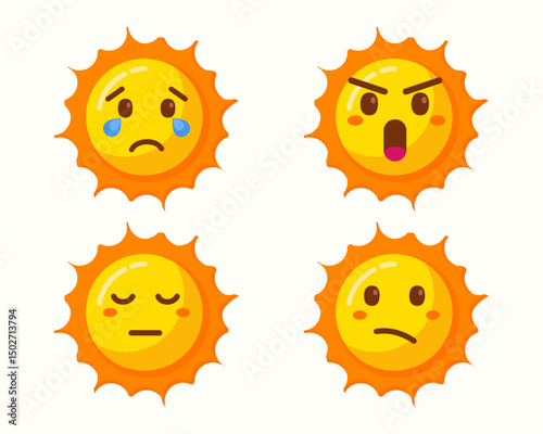 Cute sun cartoon with different expressions isolated