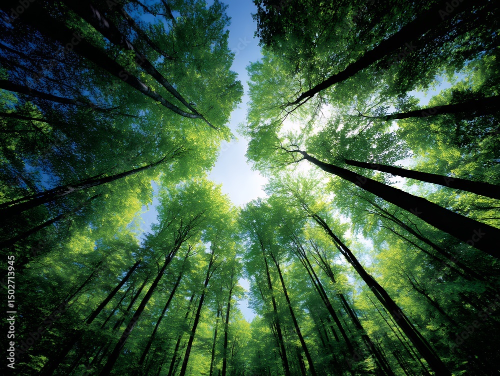 Naklejka premium Looking Up at a Lush Green Forest Canopy Under Bright Sunlight