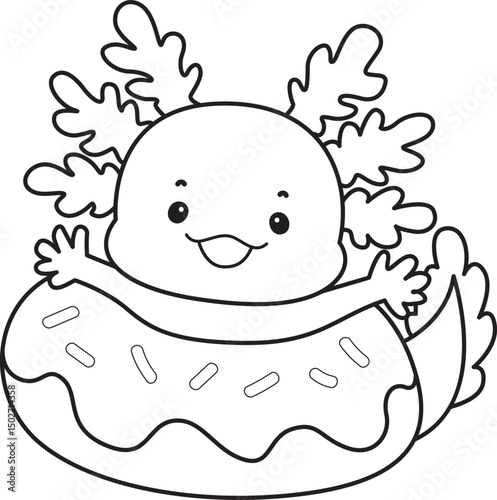 Outline of Illustration of cute axolotl activities icon.
Lineart of Funny pink axolotl in daily routine stickers.
