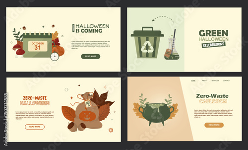 Eco-Friendly Halloween Celebration Design Templates Collection. sustainable Halloween web design mockups featuring zero-waste themes, green celebrations, and eco-conscious autumn holiday messaging. 