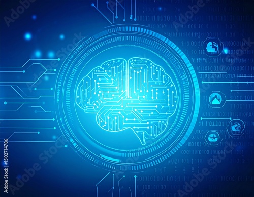 Animation of digital data center brain and pictograms, that connects large data source in one model for modern communication powerhouse of digital data and operations