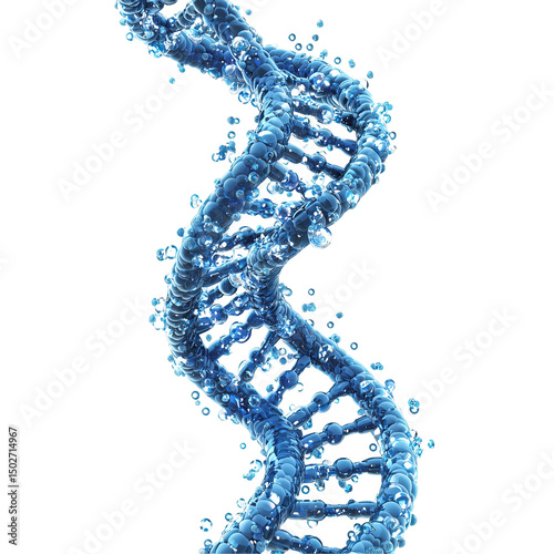 A detailed close up of a blue dna strand against a black background in a digital rendering style
