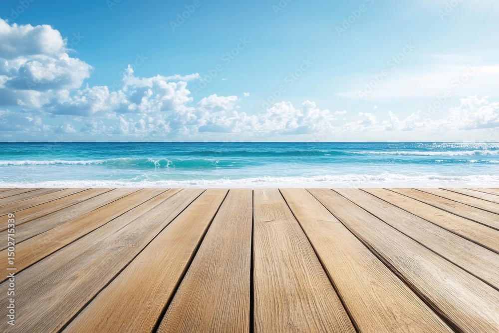 A wooden deck overlooking a tranquil blue ocean with white foamy waves and a clear sky with fluffy clouds A wooden deck overlooking a tranquil blue ocean with white foamy waves and a clear sky with fluffy clouds