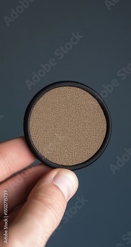 Close-up of a round, light brown, textured disc held by a hand