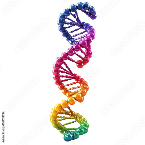 A shiny colorful dna double helix strand with rainbow gradient isolated on a black background view