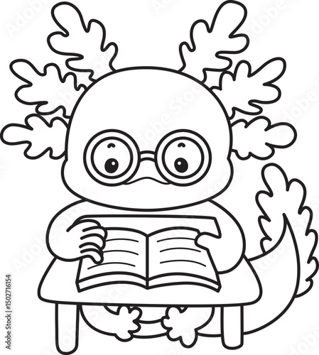 Outline of Illustration of cute axolotl activities icon.
Lineart of Funny pink axolotl in daily routine stickers.
