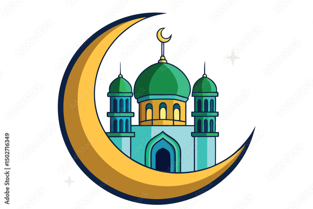 Obraz premium Detailed and vivid illustration of a mosque with a glowing crescent moon, surrounded by sky and clouds, perfect for Ramadan or Islamic celebrations