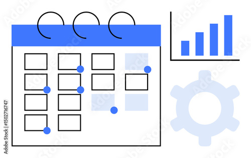 Calendar with highlighted events, gear icon for process, bar graph for performance analysis. Ideal for productivity, workflow, planning, time management, analytics organization and strategy. Flat