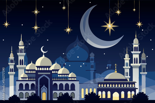 Magical nighttime city with moon and stars over elegant mosques, a peaceful view of architecture glowing under the night sky