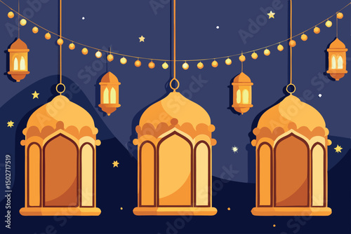 Vibrant illustration of decorative golden Ramadan lanterns hanging over a starry night sky, with intricate design elements symbolizing the holy month of Ramadan